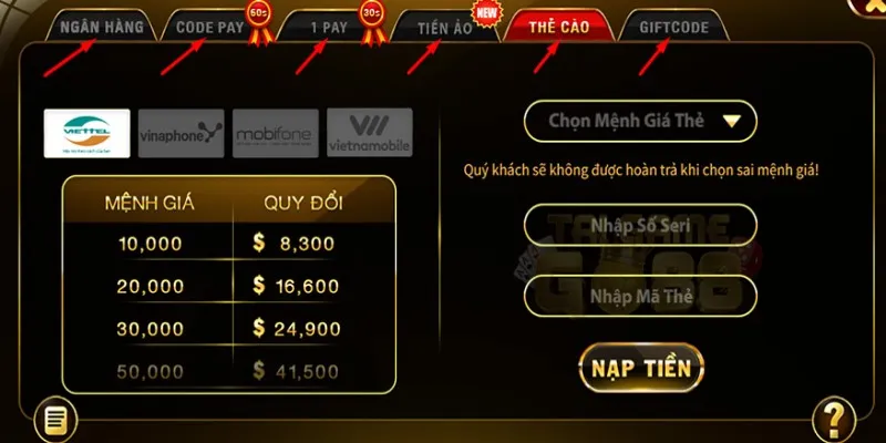 Chuyen tien vao tai khoan game theo hinh thuc the cao